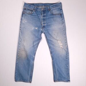 Levis 501 Jeans Mens 34x27 Blue Denim Pants Distressed Medium Wash
